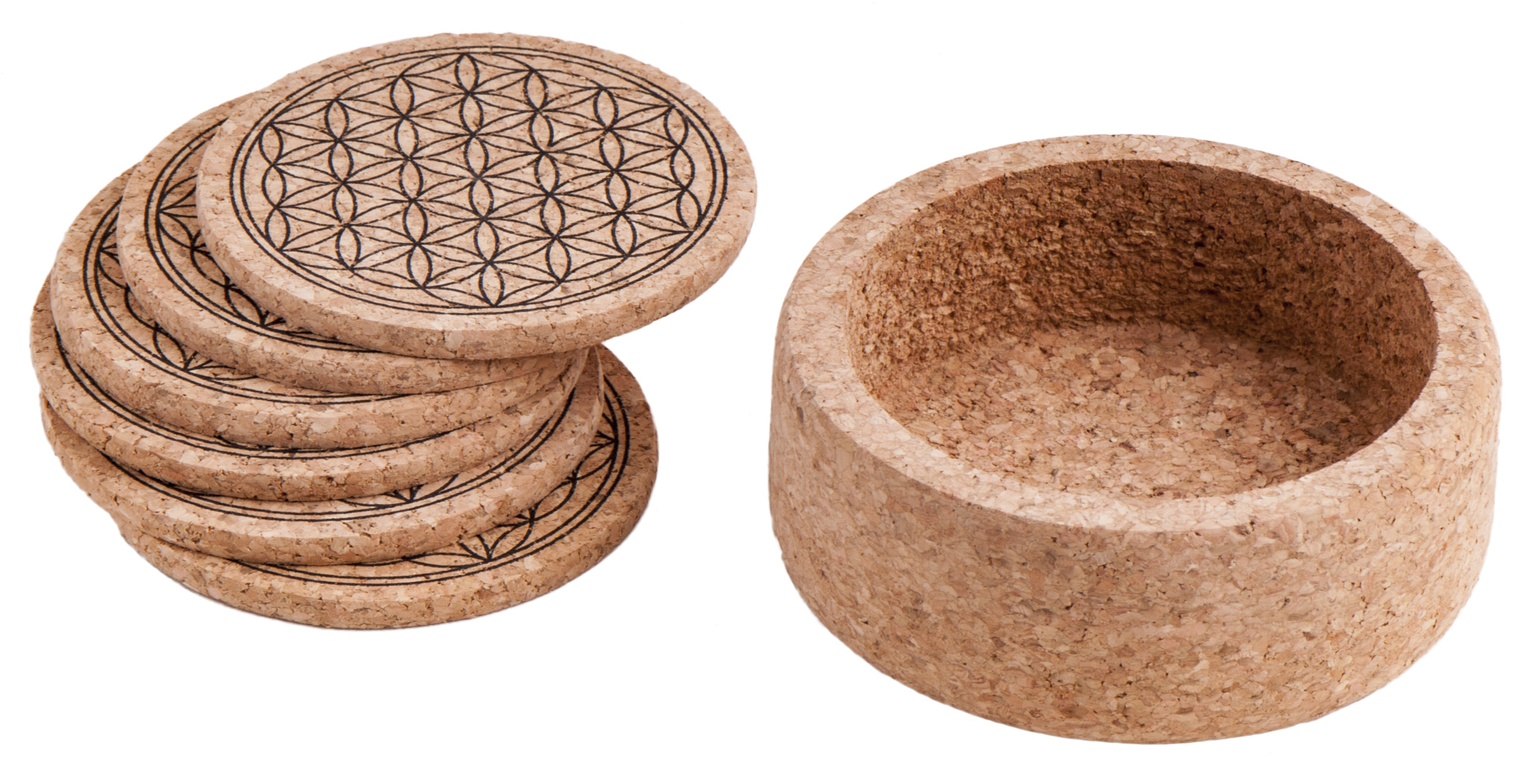 Cork Coaster Flower of life with stand Set including 6 pcs, Ø 9 cm